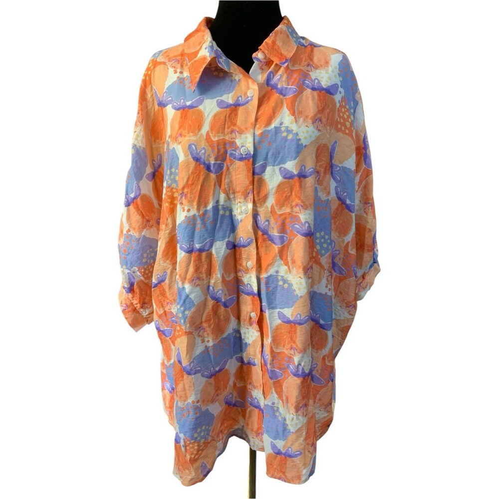 Chic Soul Orange Lavender Peach Novelty Print Button-Up Lined Shirt 3X Resort
